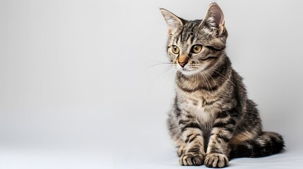 Obraz premium Grey stripped mixed-breed cat sitting, isolated on white. 