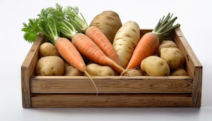 A simple wooden box filled with freshly harvested root vegetables including carrots, parsnip