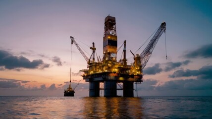 A large oil rig is in the water at sunset