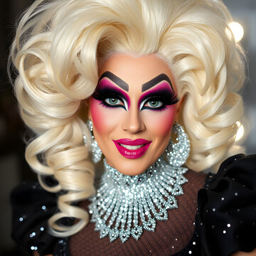 Una drag queen rubia, muy hermosa, con maquillaje muy colorido