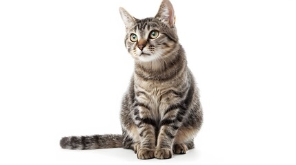 Fototapeta premium Grey stripped mixed-breed cat sitting, isolated on white. 