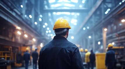 Workers in Helmets and Uniforms Navigating a Busy Steel Factory. Capturing the Dynamic Atmosphere of a Large Industrial Plant with Heavy Machinery