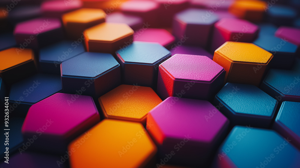 Poster a colorful image of hexagonal shapes in various colors. the image has a vibrant and lively mood, wit