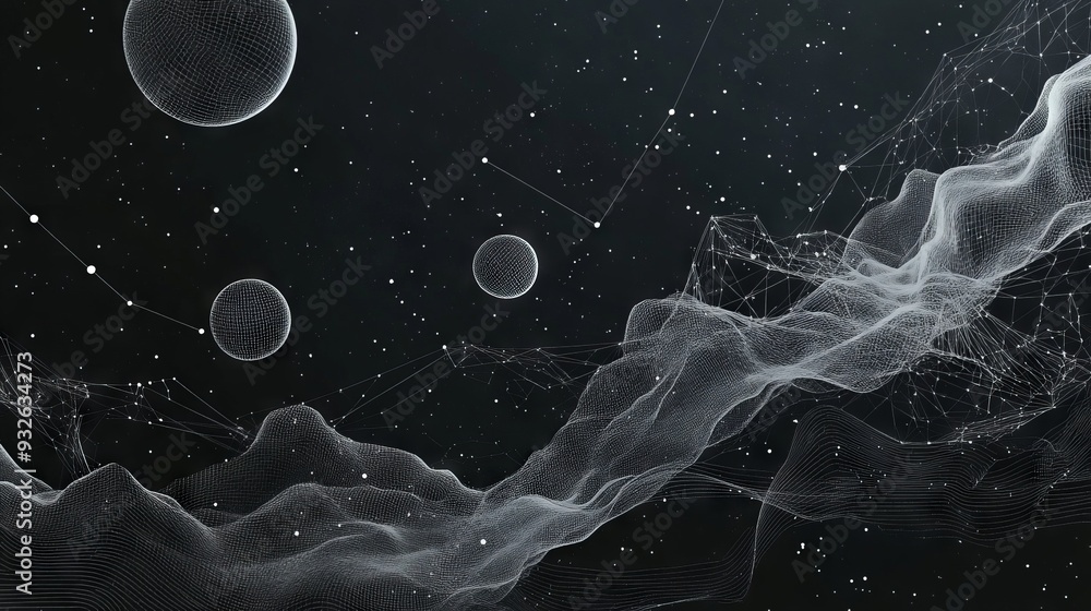 Poster abstract image of a growth chart in the form of a starry sky or space, consisting of points, lines, 