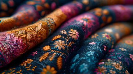 Fototapeta premium Close-Up of Embroidered Fabric with Colorful Patterns - Photo