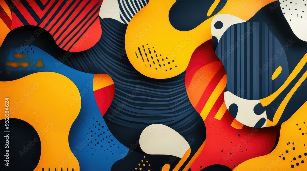 Poster abstract shapes and patterns in bold, contrasting colors.
