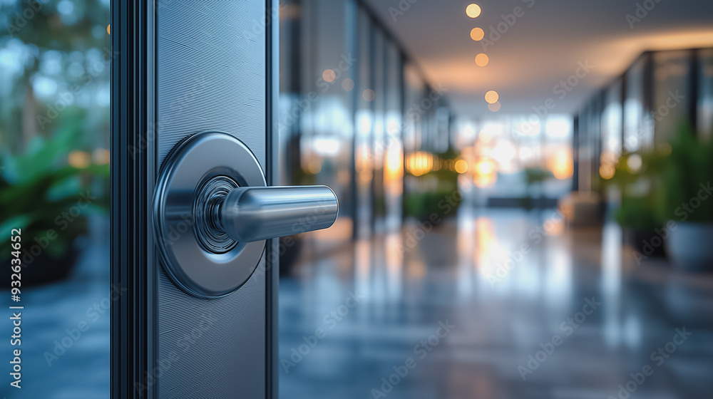 Poster a door is open in a hallway with a shiny silver handle. the hallway is empty and the door is the onl