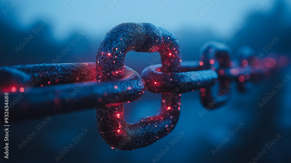 Poster a chain link with a red glow on it. the chain is made of metal and is connected to a chain