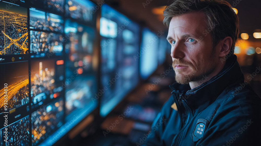 Poster a man is looking at a computer monitor with a city view on it. he is wearing a black jacket and has 