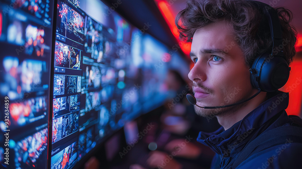 Poster a man wearing headphones is looking at a computer screen with many images on it. the man is focused 