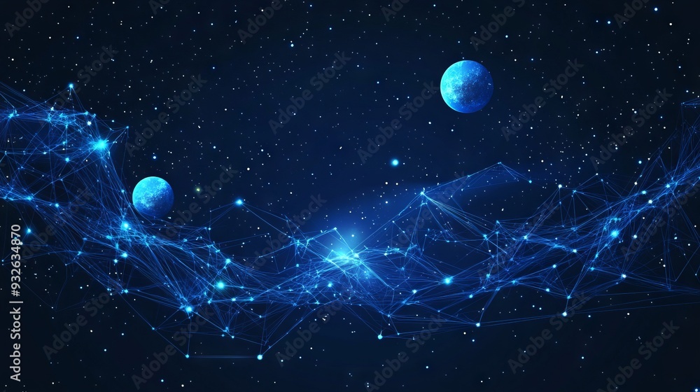 Poster abstract image of a growth chart in the form of a starry sky or space, consisting of points, lines, 
