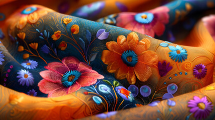 Vibrant Floral Embroidered Fabric - 3D Illustration