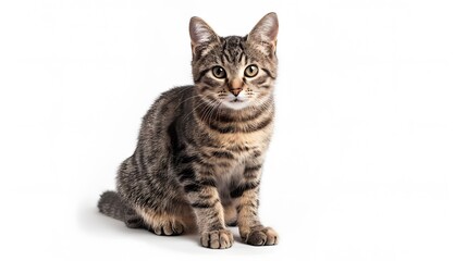 Obraz premium Grey stripped mixed-breed cat sitting, isolated on white. 