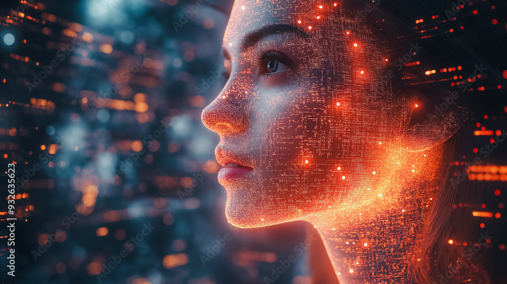 Poster a woman's face is shown in a computer generated image with a glowing orange hue. the image is a repr