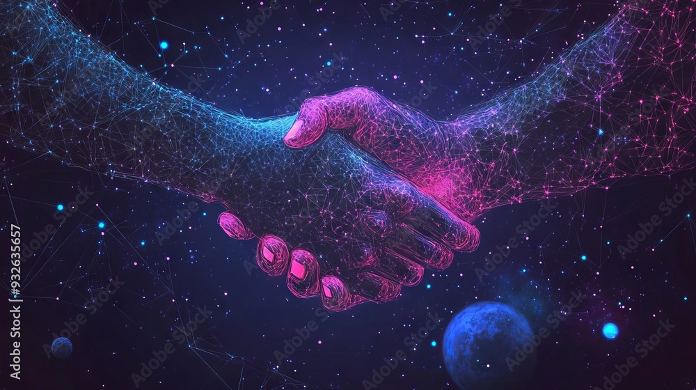 Aufkleber abstract image of business handshake in the form of a starry sky or space, consisting of points, lin