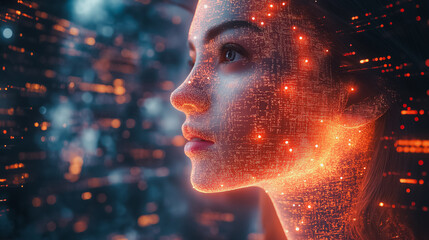 A woman's face is shown in a computer generated image with a glowing orange hue. The image is a representation of a futuristic woman with a computer chip in her face