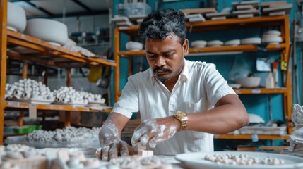 The Artist's Touch: Focused Indian artisan meticulously crafts clay figurine in his workshop, surrounded by tools and his creations. 