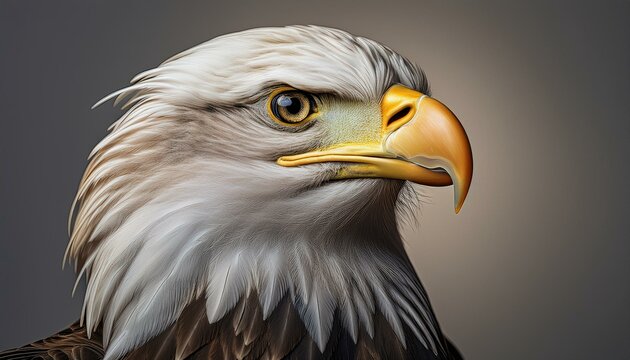 Portrait of a bald eagle with its head turned to the side, sharply detailed feathers and bea 