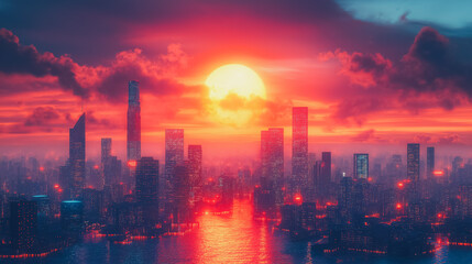 A city skyline with a large red sun in the sky. The sun is setting and the sky is filled with clouds. The city is lit up with lights, creating a warm and inviting atmosphere
