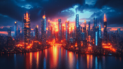 Fototapeta premium A city skyline with a river running through it. The city is lit up with neon lights, creating a vibrant and energetic atmosphere