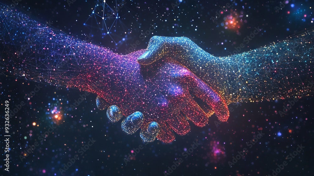 Poster abstract image of business handshake in the form of a starry sky or space, consisting of points, lin