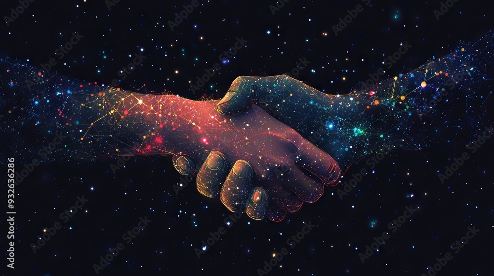 Poster abstract image of business handshake in the form of a starry sky or space, consisting of points, lin