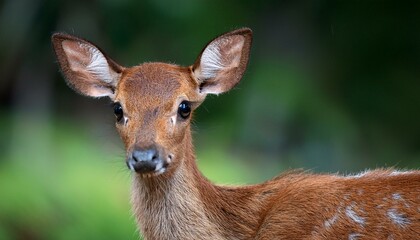 Fototapeta premium The fawn’s big, trusting eyes are central. The background is a gentle blur of greenery, leav