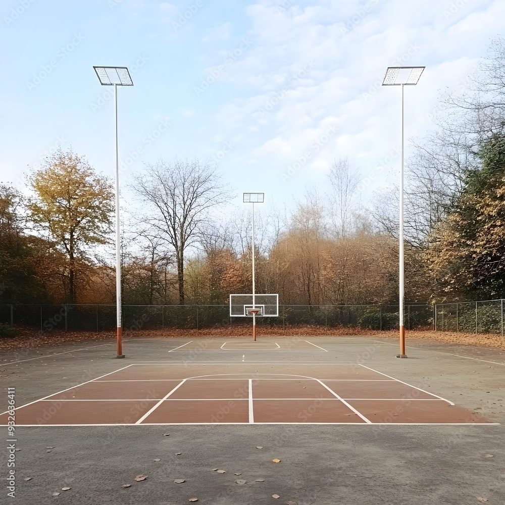 Poster overhead view of a korfball court with clearly marked playing area baskets mounted on poles and open