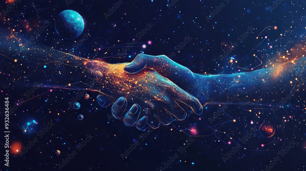 Poster abstract image of business handshake in the form of a starry sky or space, consisting of points, lin