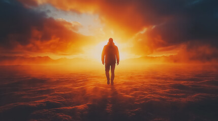 A man is walking in a desert at sunset. The sky is orange and the sun is setting