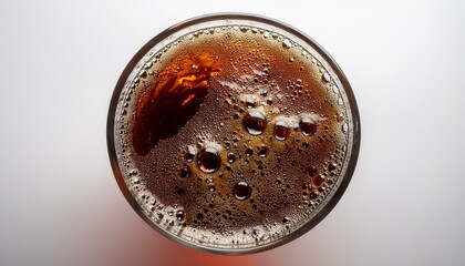  Top-down view of a cola glass with frothy foam and sparkling bubbles, the deep brown liquid 