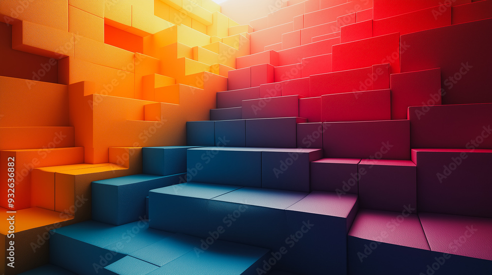 Poster a colorful image of blocks with a red and yellow section. the blocks are arranged in a way that crea