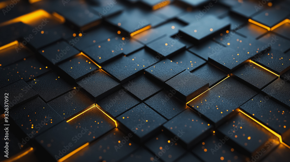 Poster a black and orange background with a pattern of squares. the squares are illuminated with a yellow l
