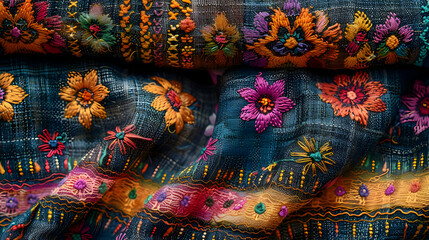 Colorful Floral Embroidery on Blue Fabric Illustration