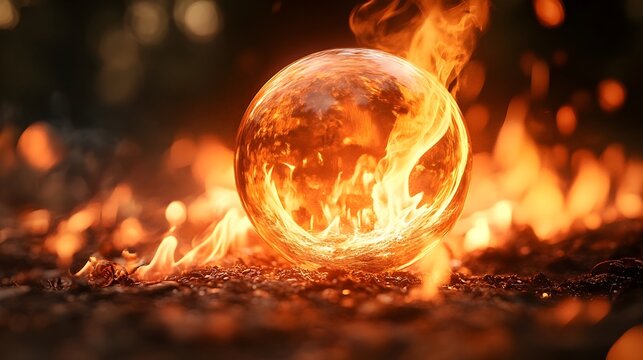 Glowing fiery sphere in the center of powerful explosion of flames and energy