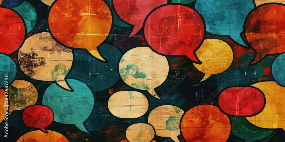 Poster symbolic representation of freedom of expression surrounded by an assortment of speech bubbles illus