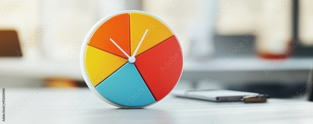 Poster a vibrant clock on a table, showcasing colorful sections, symbolizing time management and creativity