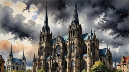 Fototapeta premium Gothic cathedral, towering spires, stormy sky,
