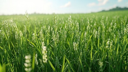 Fototapeta premium A lush green field of grass with tall blades and small white flowers under a clear blue sky on a bright sunny day.