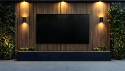 Black blank TV screen mockup on a wooden wall with LED lighting, close-up view. 