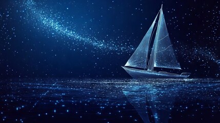 Abstract mash line and point Sailing yacht on dark blue background with an inscription. Starry sky or space, consisting of stars and the universe. Vector Sailboat business illustration 