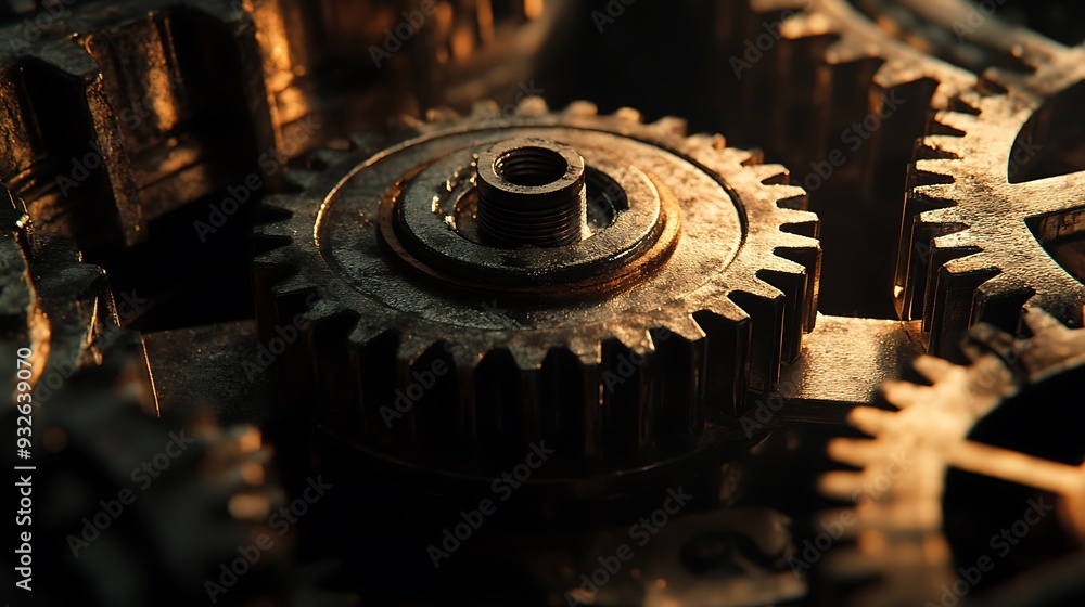 Poster close-up of interlocking gears in a machine