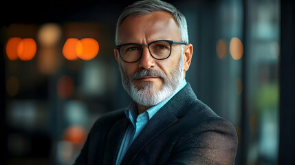 Fototapeta premium A mature man with glasses and a beard, posing confidently indoors.