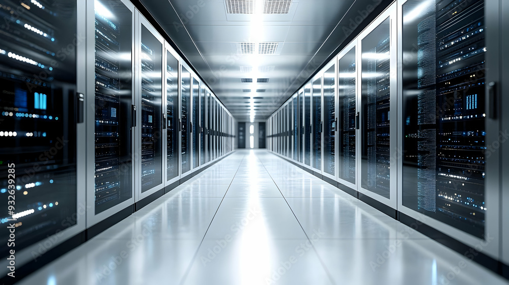 Poster a modern data center corridor filled with server racks.