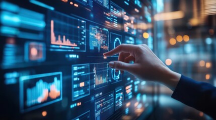 A hand is pointing at a computer screen with a lot of numbers and graphs. Concept of focus and concentration as the person is trying to understand the data displayed on the screen