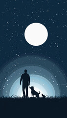 Silhouette of a man and his dog under the moon and stars