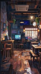 Fototapeta premium A cozy anime-themed gaming cafe buzzes with energy as gamers gather at computers during the lively evening hours