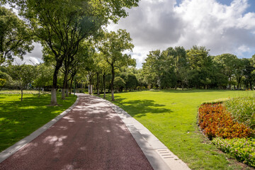 A scenic urban park with a winding synthetic path surrounded by manicured, lush green trees, plants and grass. A public community outdoor green space with a walking track for exercise.  Copy space 