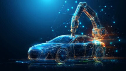 Naklejka premium Abstract robotic arm and robotic tool repairing a car with polygon line on abstract background. Digital low poly robotic service, automatic car repair or car manufacturing concept. Vector robotic indu