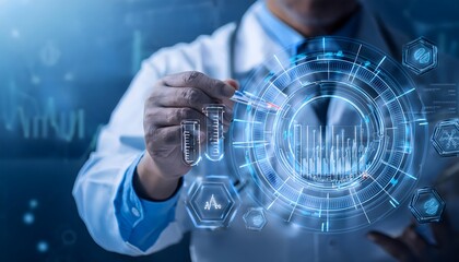 Healthcare innovation, pharmaceutical samples under analysis, close-up on biochemistry graph; doctor using futuristic interface.